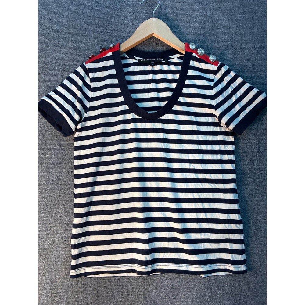 Veronica Beard Jeans Striped Scoop Neck T-Shirt Red Button Shoulder Navy White S